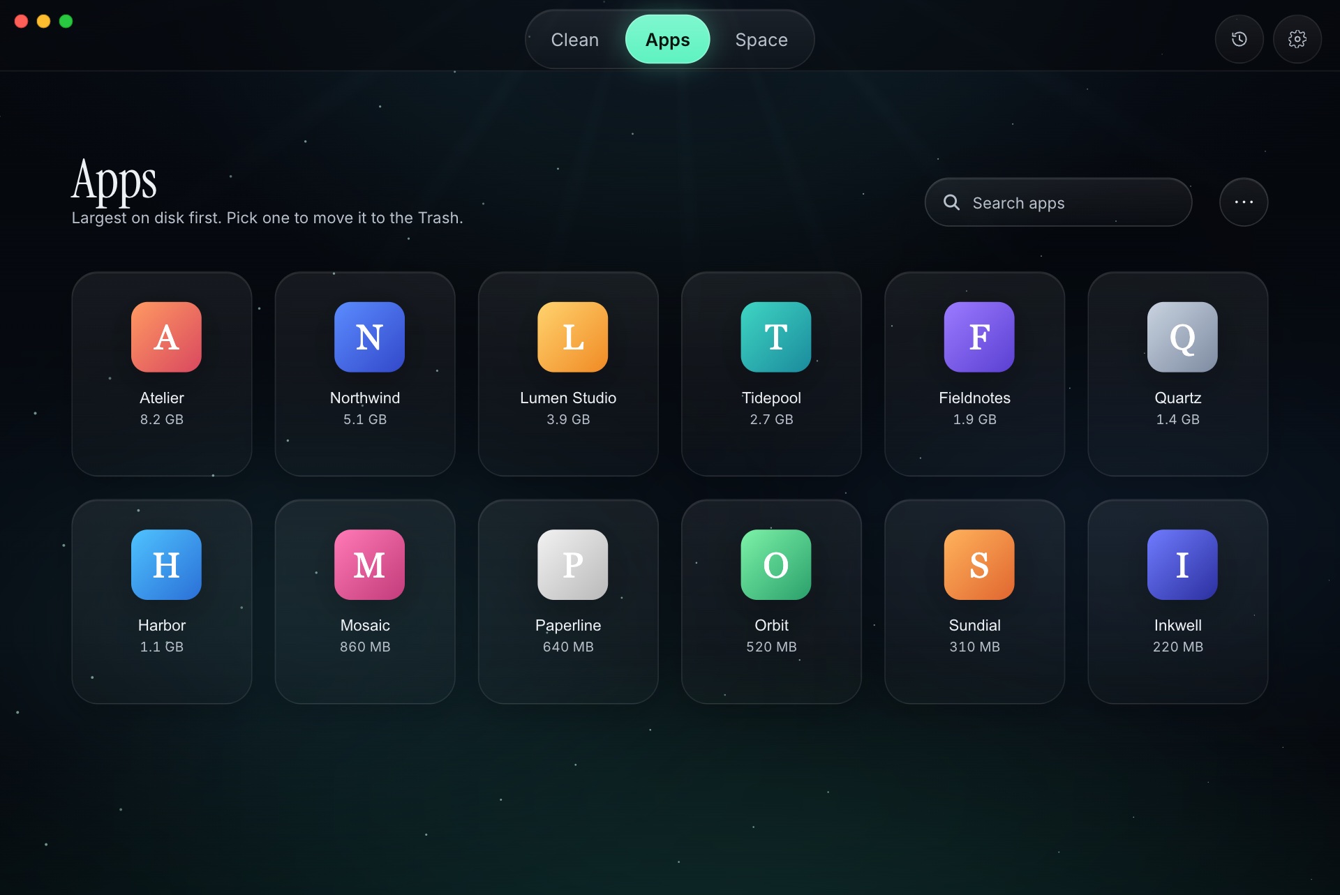 SayakaCleaner Apps screen: installed apps as glass tiles, largest on disk first, with a search field.