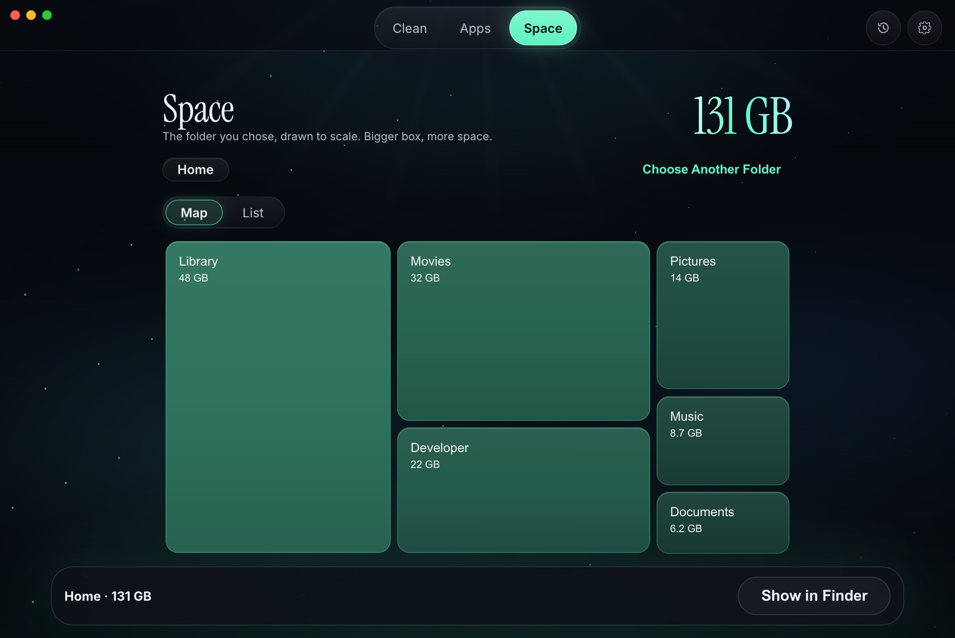 SayakaCleaner Space screen: a home folder drawn to scale as a map of boxes, Library largest.