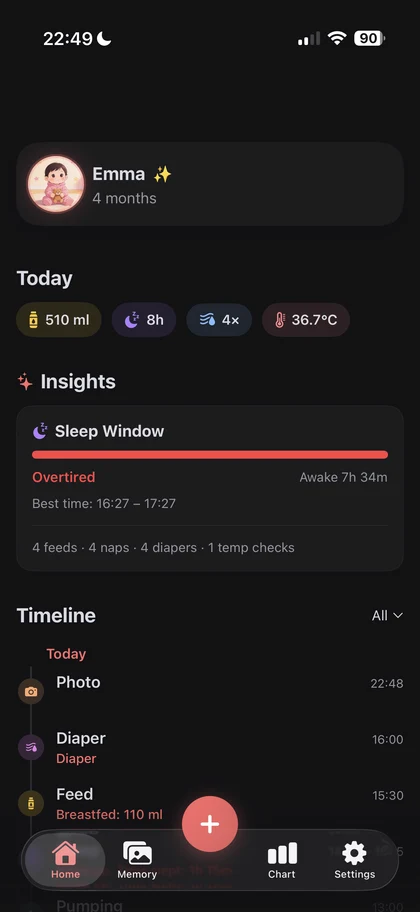 Bebilog home screen showing daily care records and insights